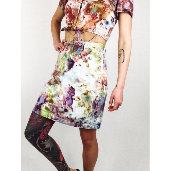 🆕 Hand-Dyed Denim Mini Skirt in Technicolor - Picture 2 of 13